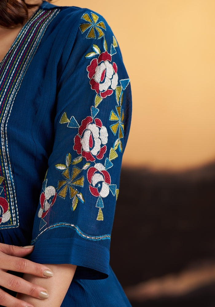Fabric and embroidery detail of Blue Loop festive kurta set