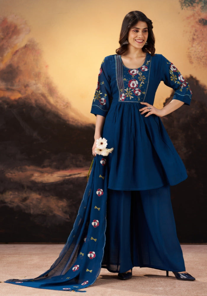 Blue Roman Silk Embroidered Kurta Set with Dupatta