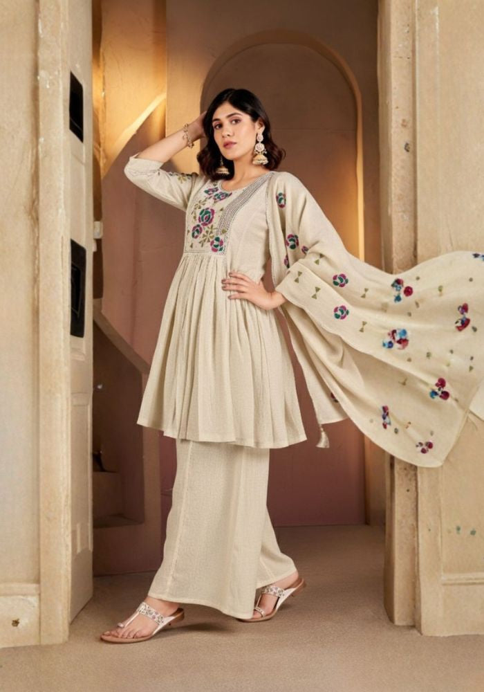Cream Roman Silk Embroidered Kurta Set with Dupatta