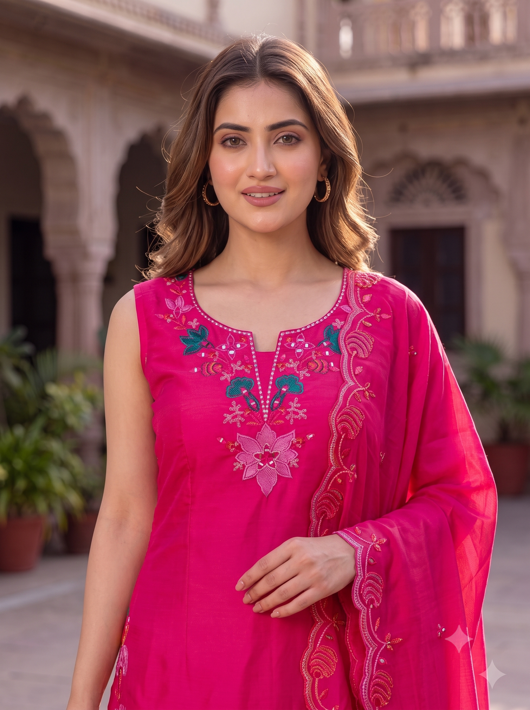 pink-sleeveless-embroidered-kurta-set-side-view-bohorang